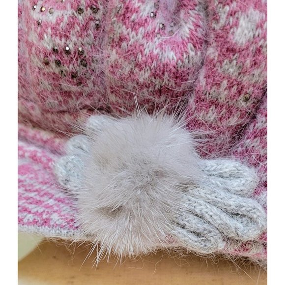 Raspberry & Grey Knit Herringbone Baker Boy Hat accent on side sparkles in Front - Picture 11 of 11